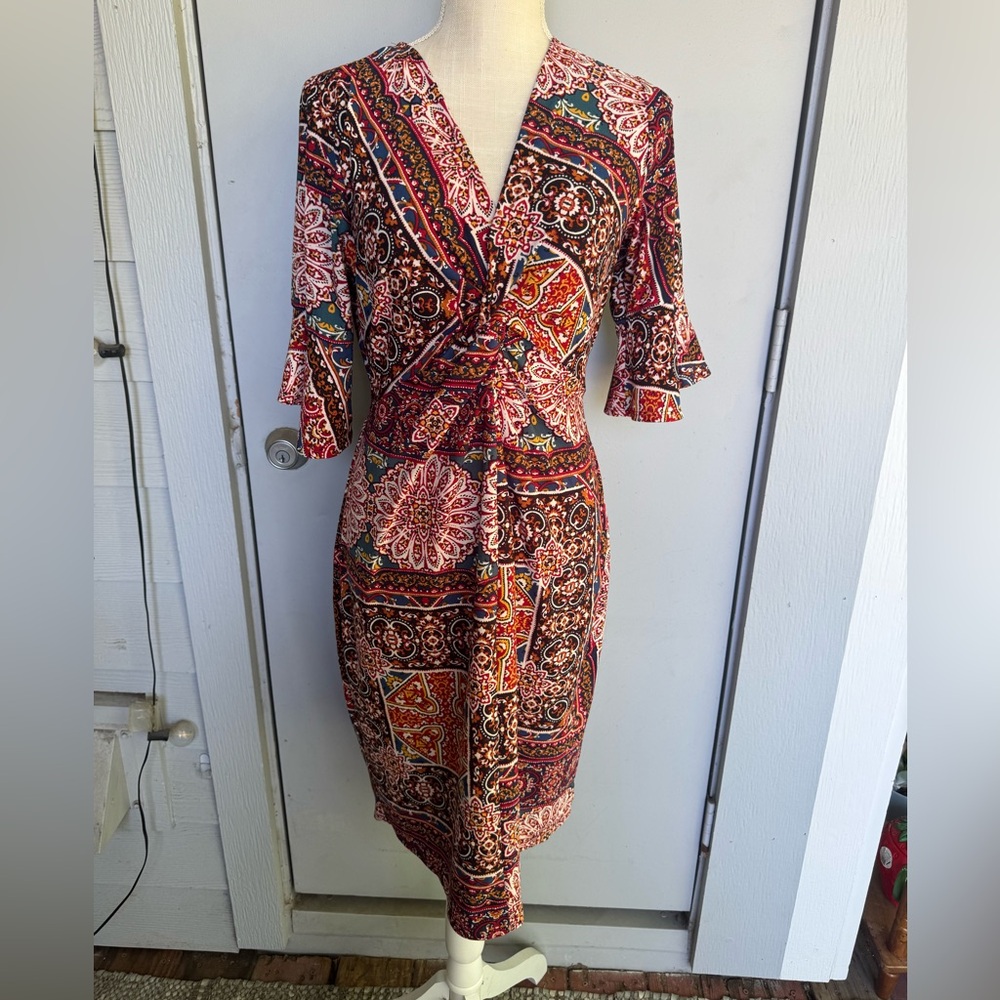 Fig and Flower Orange Black Sheath Dress V-neck Flutter Sleeves